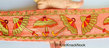 Pink / Peach / Beige / Green Art Silk Fabric Trim With Orange, Red & Gold Embroidered Umbrellas And Gold Sequins, Approx. 88mm wide